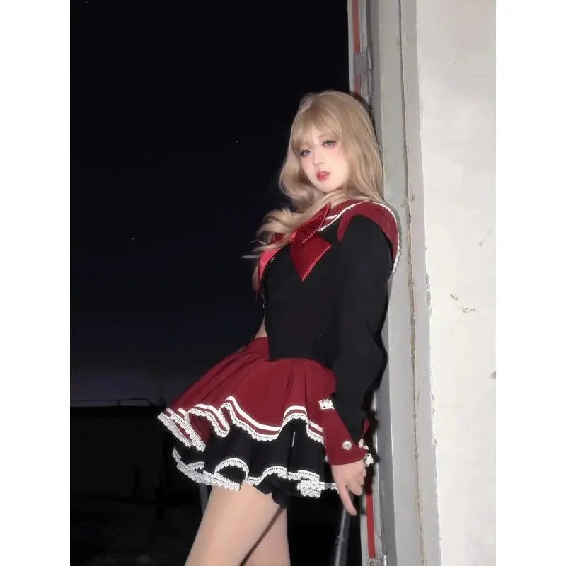 LIZAKOSHT  -  Japan JK Gothic Sailor Collar Long Sleeve Women Slim Fit Shirts+ High Waist Ruched A-line Skirts Summer New 2 Piece Sets