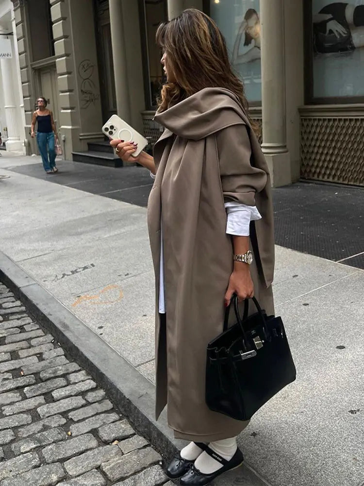 Lizakosht Grey Lapel Double Breasted Women Long Overcoat Long Sleeve Pocket With Scarf Loose Windbreaker Autumn Chic Lady Streetwear