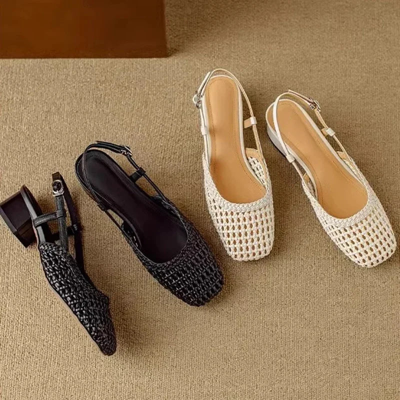 LIZAKOSHT  -  Hot Selling Weaved Slingback Sandals Woman Straw Plaited Low Heel Sandalias Ladies Brand Design Summer Square Toe Hollow Out
