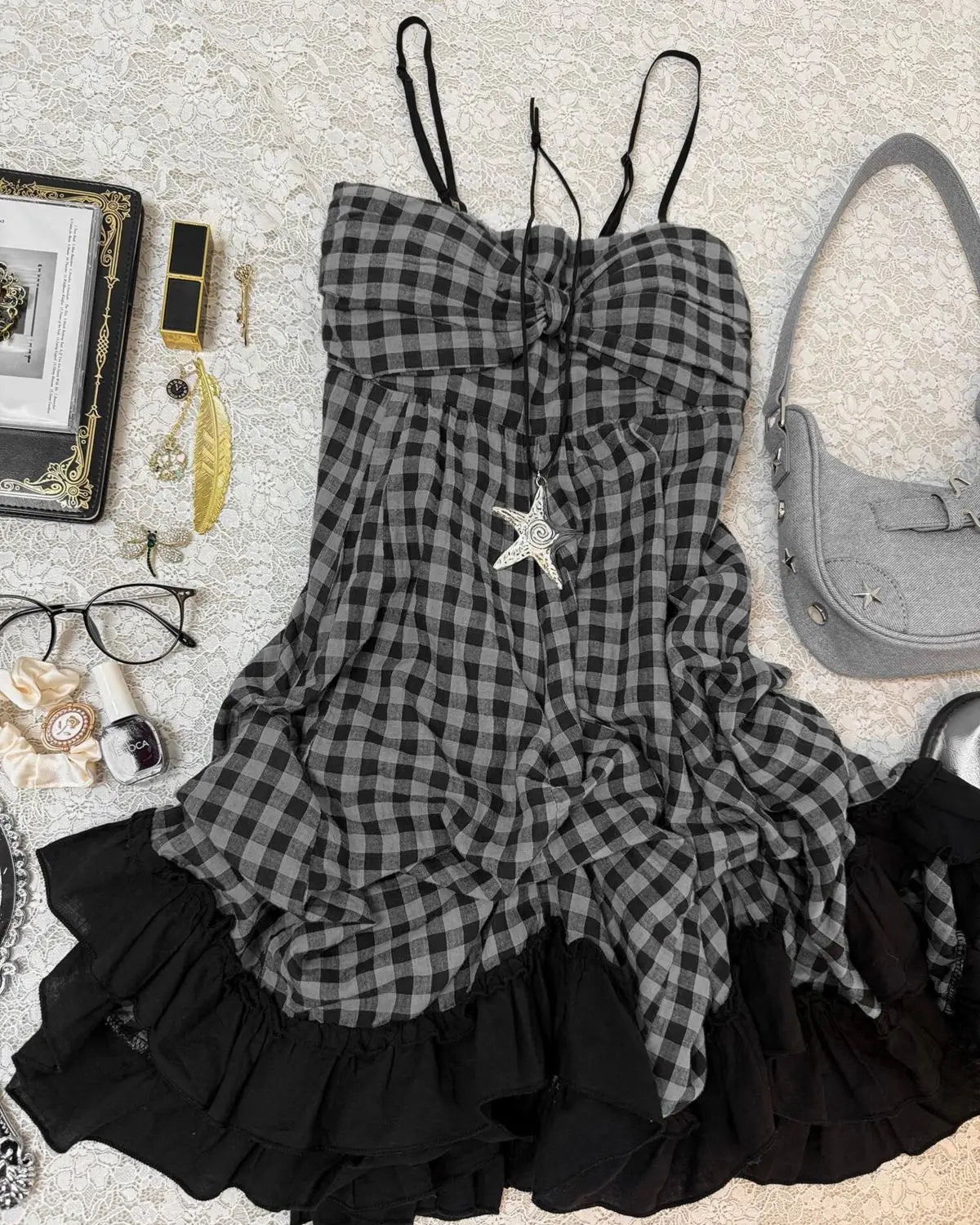 LIZAKOSHT  -  Punk Y2k Sling Womens Dresses Plaid Goth Vintage Ball Gown Backless Slim Hot Sweet 90s Dress Lace Sexy Harajuku Korea Grunge Emo