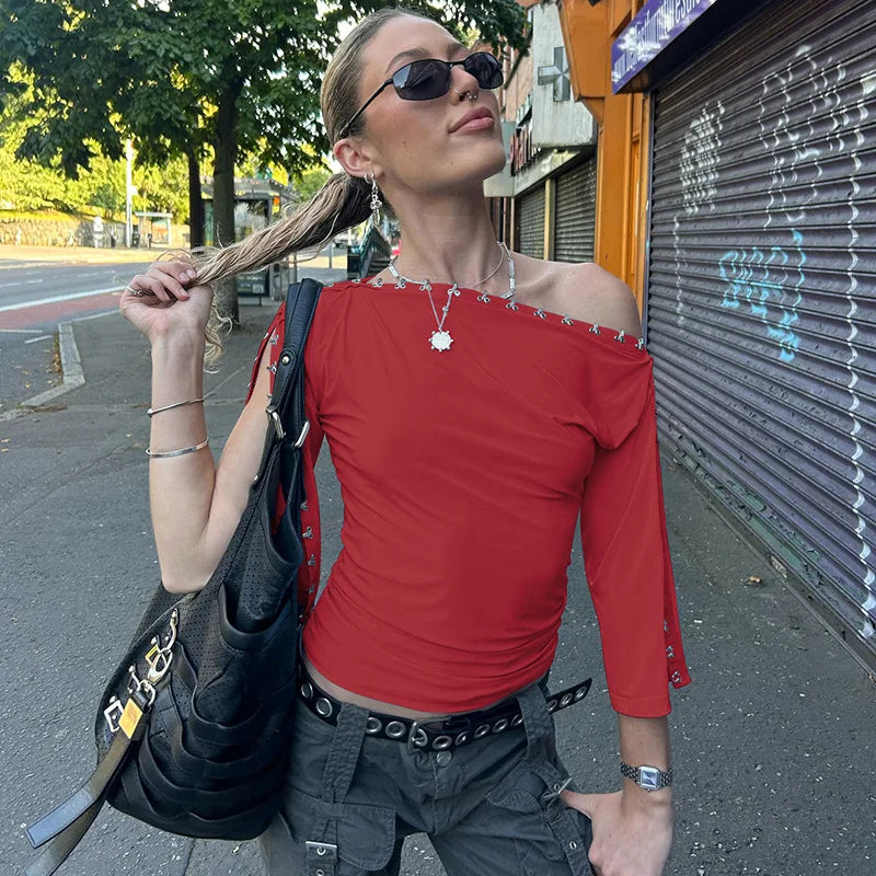 LIZAKOSHT  -  Women's Chic Diagonal Collar T-shirts Sexy Off Shoulder Half Sleeve Asymmetrical Crop Tops Ladies Blue T Shirt Streetwear