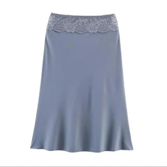 LIZAKOSHT  -  3 colors Retro Spliced Lace Low Waist Knitted Midi Long Skirt Spring Summer Women A-lined Skirts Femme Grayblue Black Brown