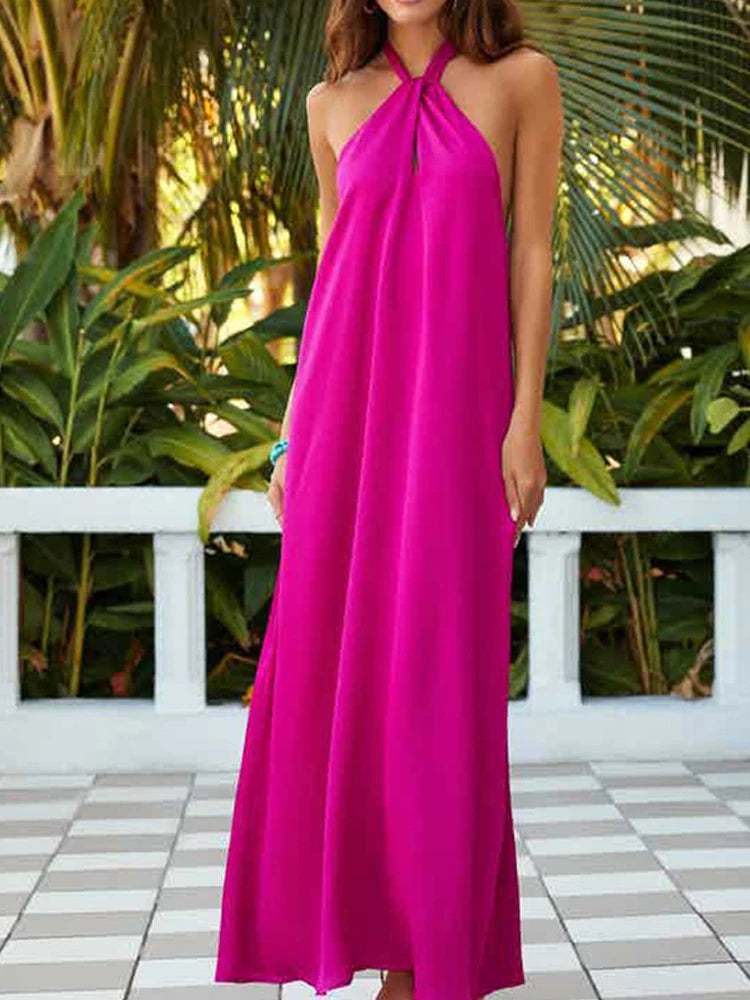 LIZAKOSHT  -  Casual Loose Sleeveless Beach Dress Women Solid Hollow Out Long Maxi Dress Summer Sexy Backless Solid Strap Cover Up Sundress
