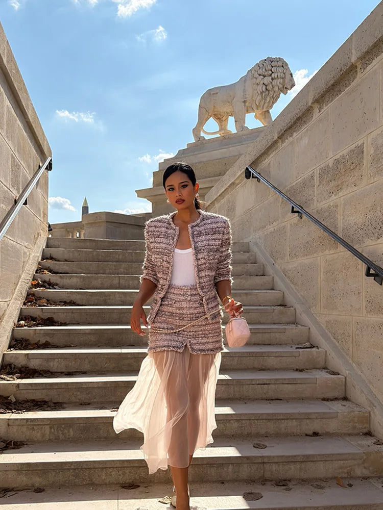 LIZAKOSHT  -  Tweed Coats Skirts Sets Women O Neck Long Sleeves High Waist Patchwork Mesh Suits Female New Chic Street Sets 2 Pieces