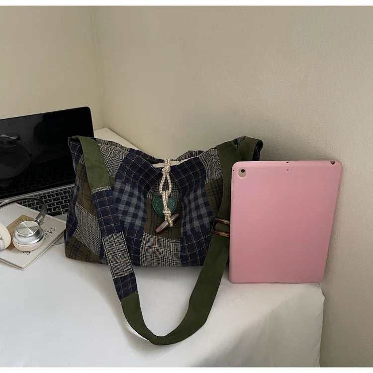 LIZAKOSHT  -  Fashion Plaid Texture Shoulder Bag Autumn Winter Wool Large Capacity Crossbody Bag Retro Lazy Style Lightweight Storage Bag