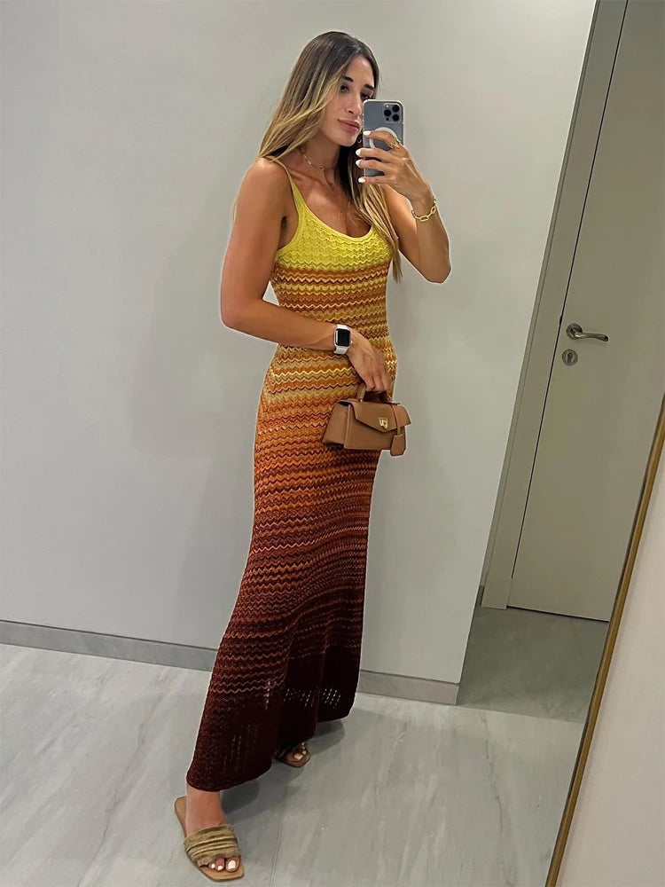 LIZAKOSHT  -  Knit Women Colorful Slip Long Casual Dress Square Collar Sleeveless Off-shoulder Slim Dresses Lady New Holiday Beach Gowns