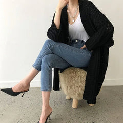 LIZAKOSHT  -  Women Knitted Cardigan Long Cardigans Solid Color Open Front Sweaters Outerwear Spring Summer