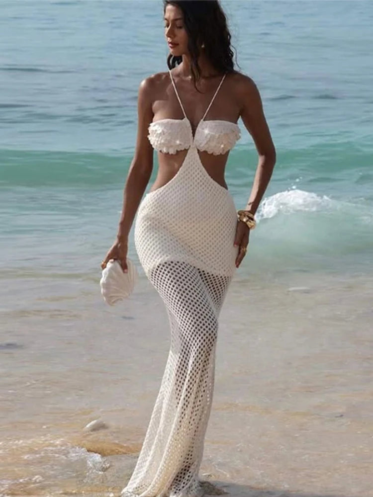 LIZAKOSHT  -  Sequin Knitted Halter Dress Bikini Hollow Out Crochet Hanging Neck Sexy Beach Strap Women Long Fishtail Dress Expose Waist Robes