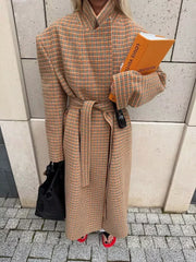 LIZAKOSHT  -  Women Checkered Coat Elegant Stand Collar Belted Long Loose Outerwear New Autumn Fashion Street Office Commute Lady Overcoat