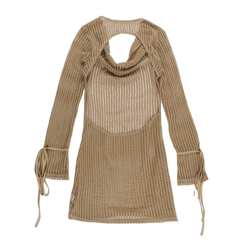 LIZAKOSHT  -  V Neck Backless Beach Mini Dress For Women Knitted Fishnet See Through  Long Sleeve Club Sexy Elastic Casual Party Vestidos
