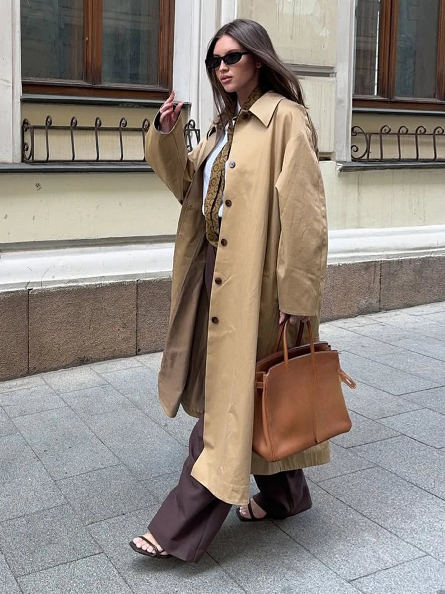LIZAKOSHT  -  Elegant Cotton Trench Coats for Women 2025 Autumn Turn-down Collar Single Breasted Long Outerwears Ladies Windbreaker