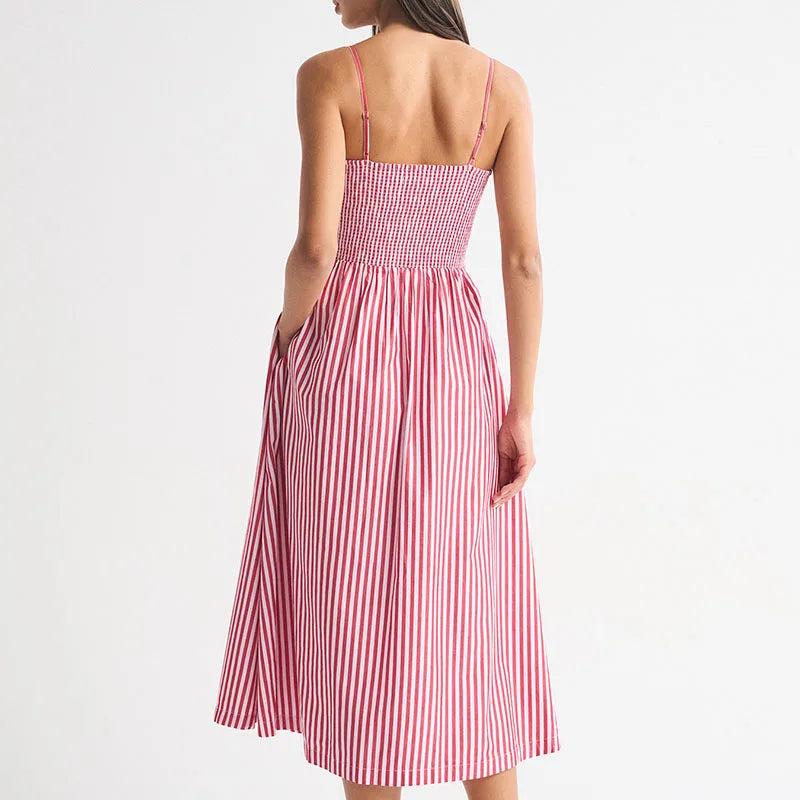 LIZAKOSHT  -  Women Elegant Hight Waist Draped Holiday Dress Fashion Striped Print Sleeveless Long Dress Sexy Off Shoulder Summer Party Dress