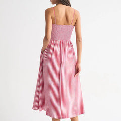 LIZAKOSHT  -  Women Elegant Hight Waist Draped Holiday Dress Fashion Striped Print Sleeveless Long Dress Sexy Off Shoulder Summer Party Dress