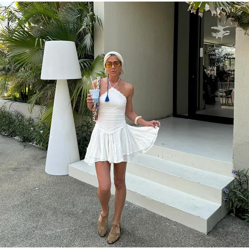 LIZAKOSHT  -  Fashion Ruffle Hem Halter Short Women Dress Sleeveless A-line Draped Solid Vestidos Summer Female Vacation Parties Robes