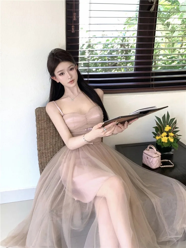 LIZAKOSHT  -  Woman Dress Bow Sleeveless Slash Neck Mesh Patchwork Princess Sweet Elegant Summer Fashion Party Dresses Female