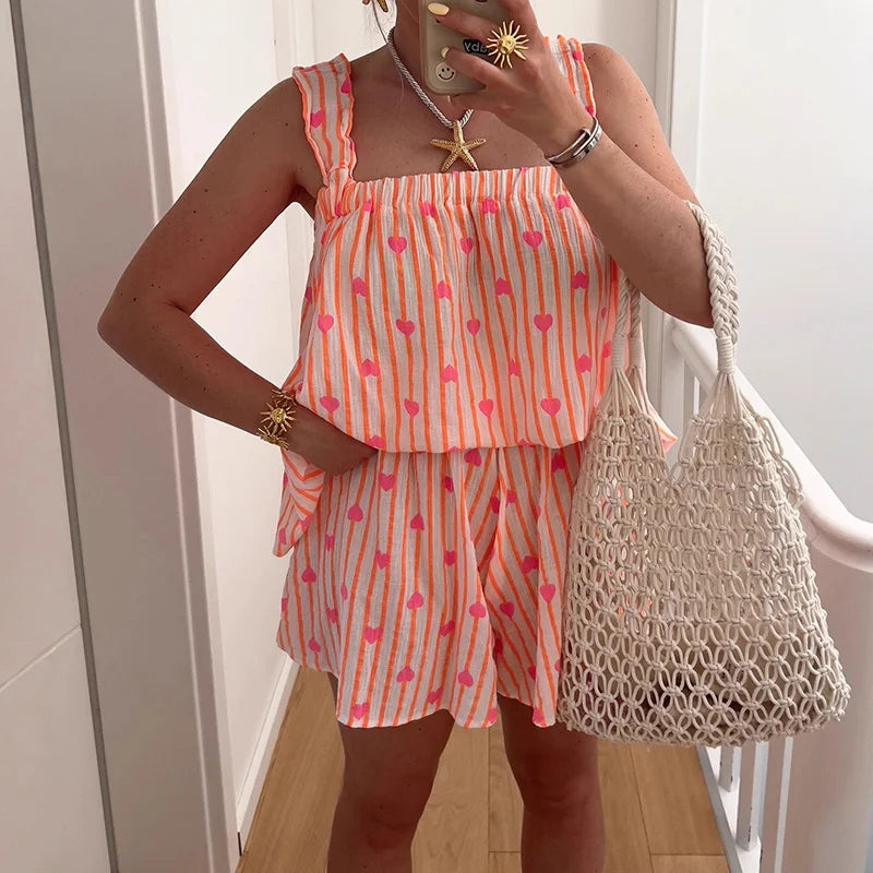 LIZAKOSHT  -  Spring Print Two Piece Set Women Sexy Square Collar Backless Tie-up Top+Short Outfit Summer Sleeveless Hollow Holiday Beach Suit