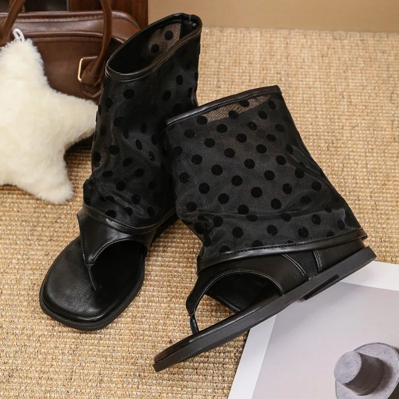 LIZAKOSHT  -  Vintage Spring Polka Dot Clip Toe Ankle Boots Women Flats Heels Shoes Street Style Dress Lightweight Gladiator Boots for Summer