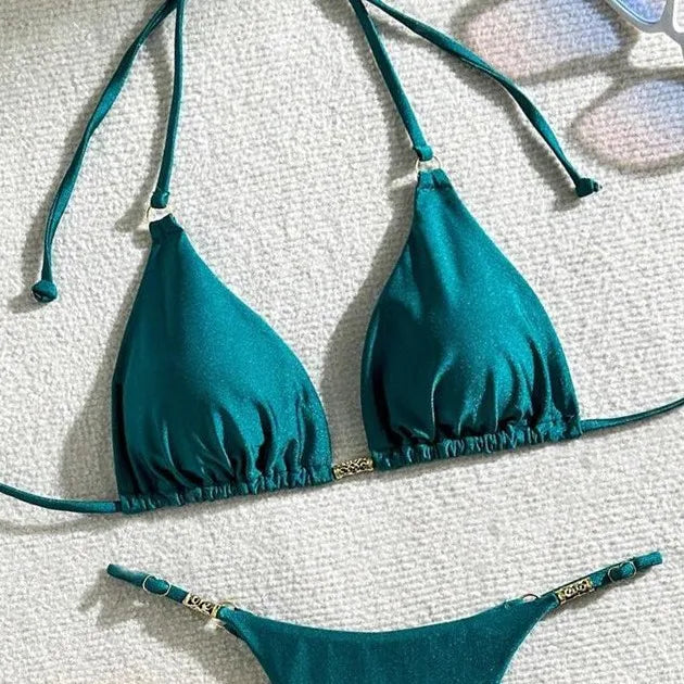 LIZAKOSHT  -  Solid Color Metal Decorative Bikini Sexy Halter Neck Tie Backless Swimsuit