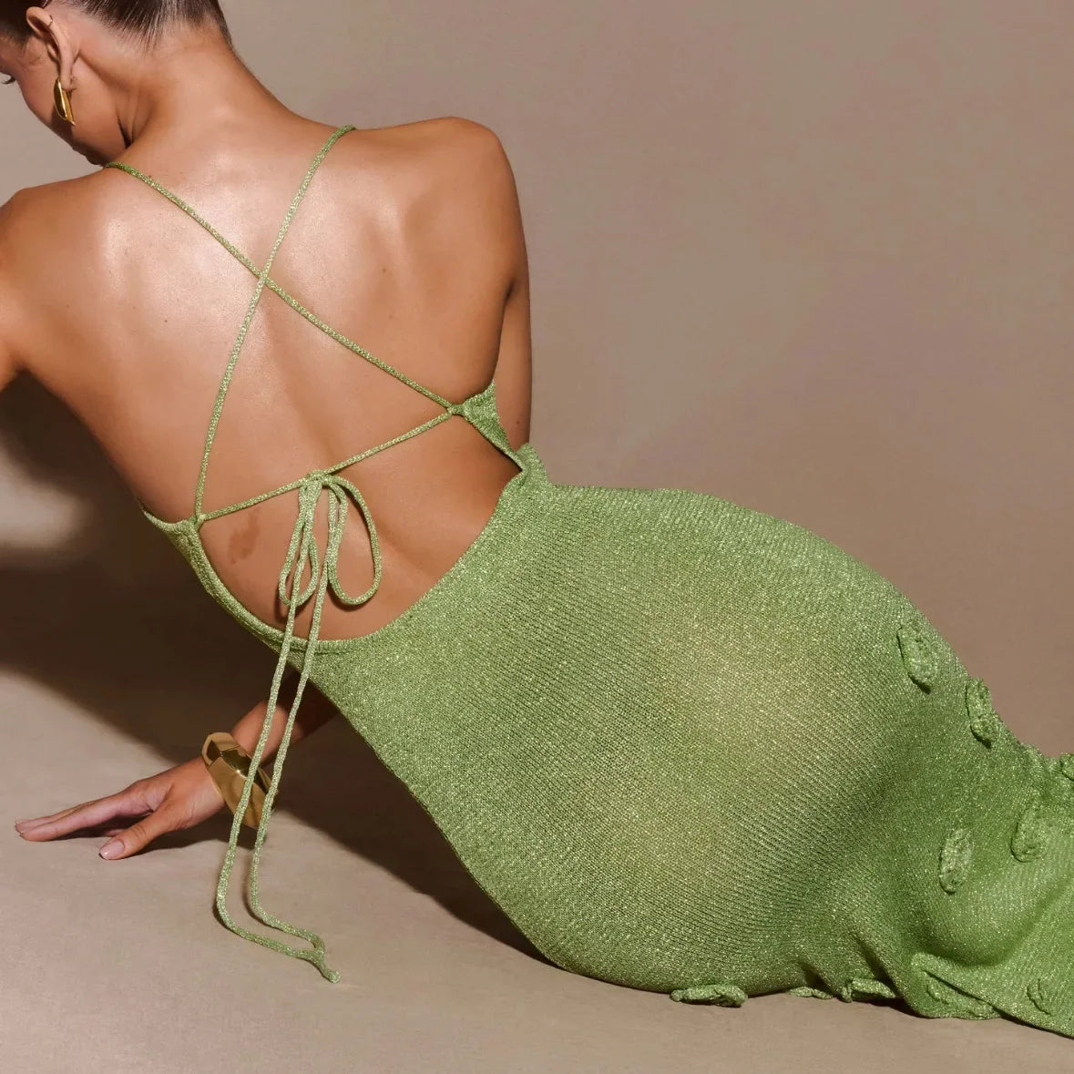 LIZAKOSHT  -  Knitted Suspender Three-dimensional Flower Decoration Dress Sexy Hip Hugging Slim Fit Deep V-neck Dress for Women