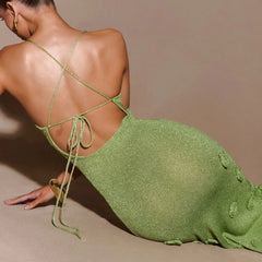 LIZAKOSHT  -  Knitted Suspender Three-dimensional Flower Decoration Dress Sexy Hip Hugging Slim Fit Deep V-neck Dress for Women
