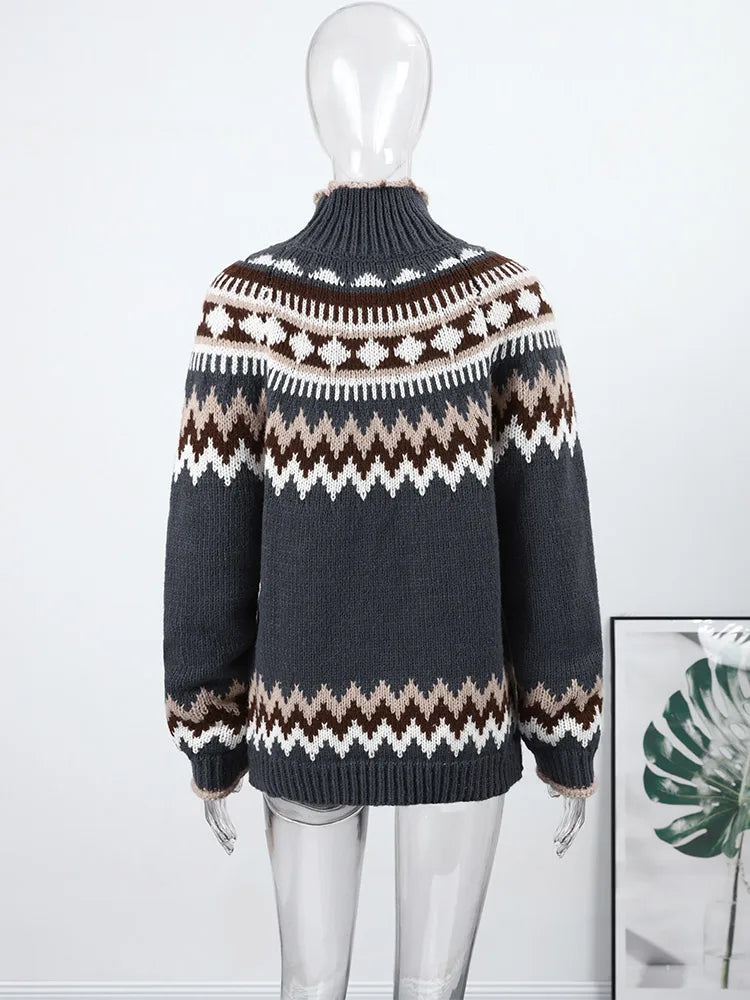 LIZAKOSHT  -  Printed Knitted Pullover Sweater Women Turtleneck Long Sleeves Loose Sweaters All-match Early Spring New Ladies Knitwear