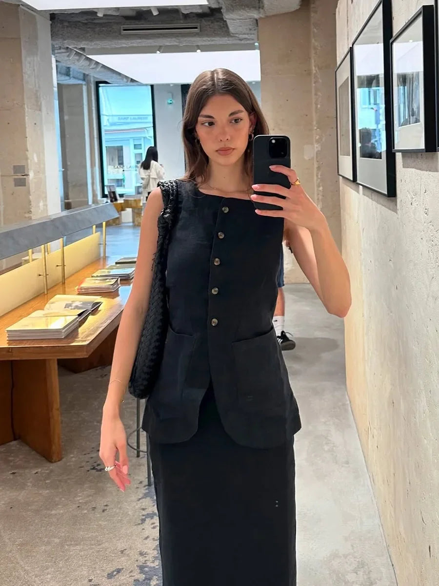 LIZAKOSHT  -  Women's Sleeveless Vest High Waisted Skirt 2-Piece Set Spring Summer New Linen Casual Suit Fashion Office Lady Vest Set