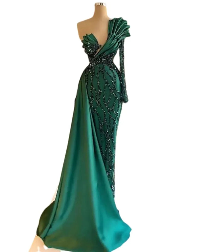 LIZAKOSHT  -  One Shoulder Mermaid Prom Dresses Long Sleeve Full Beaded Lace Stain Hunter Green Aso Ebi Evening Eneagament Dress