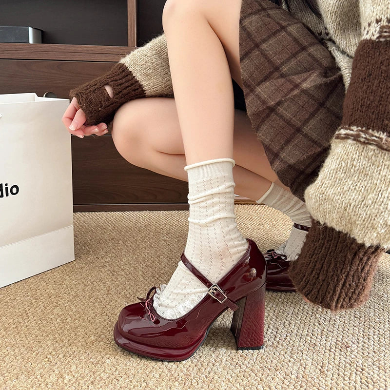 LIZAKOSHT  -  Street Style Thick Heel Women Mary Jane Shoes Concise Butterfly-knot Single Shoes Ladies Elegant Wedding Party Leather Pumps