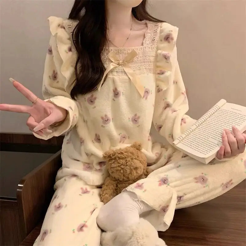 LIZAKOSHT  -  Coral Fleece Pajamas Sets for Women Plush Soft Warm Square Collar Lace Sweet  2 Piece Bow Tie Elegance Thickened Warm Homewear