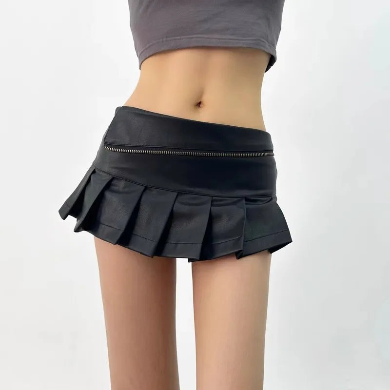 LIZAKOSHT  -  Y2K PU Leather Pleated Mini Skirt With Shorts Lining Women Sexy Zipper Summer Low Waist Short Coffee White Black