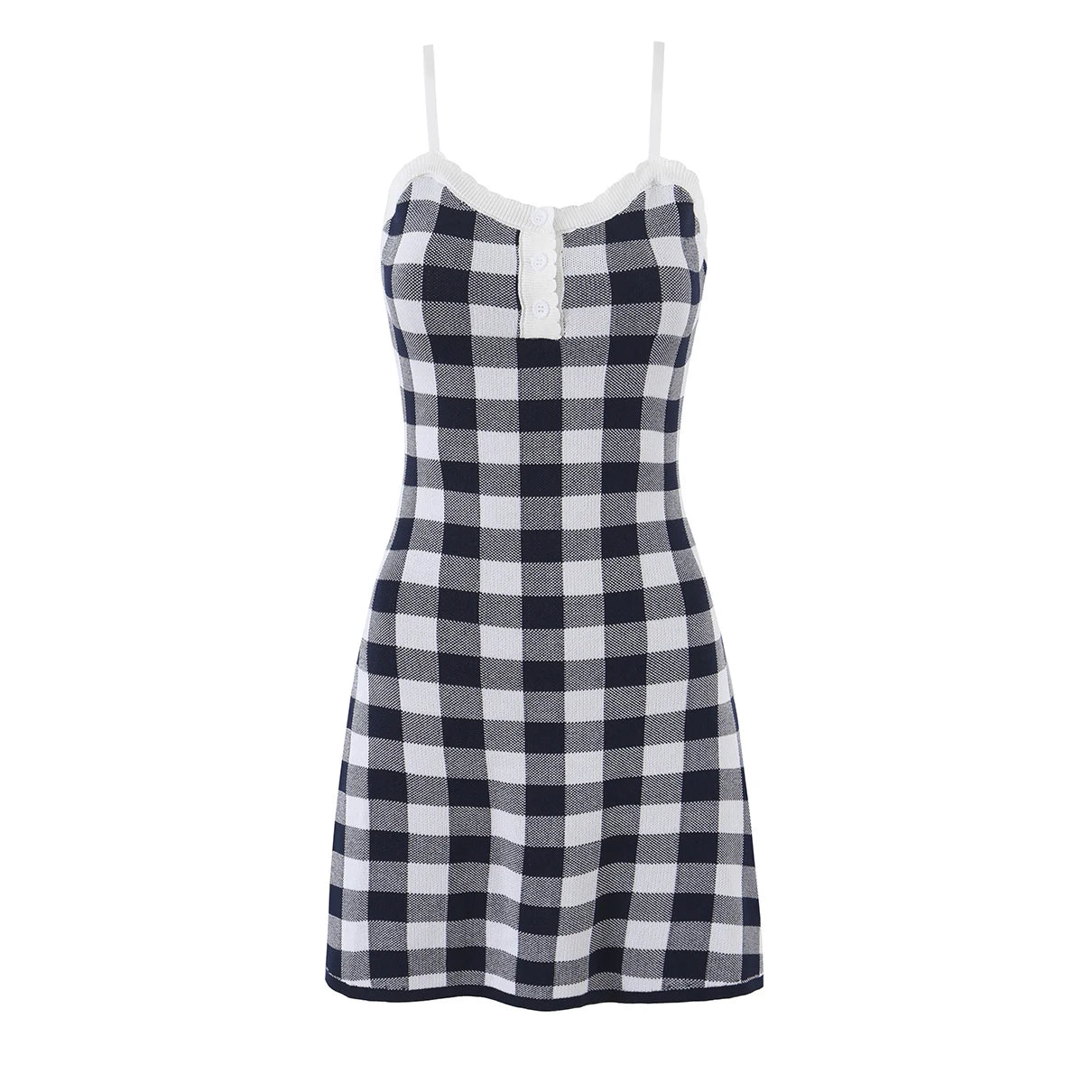 LIZAKOSHT  -  Autumn Black White Plaid Gingham Knitted Sling Dress Open Buttons V neck Package Hips Short Dresses Skinny Robe Vestidos