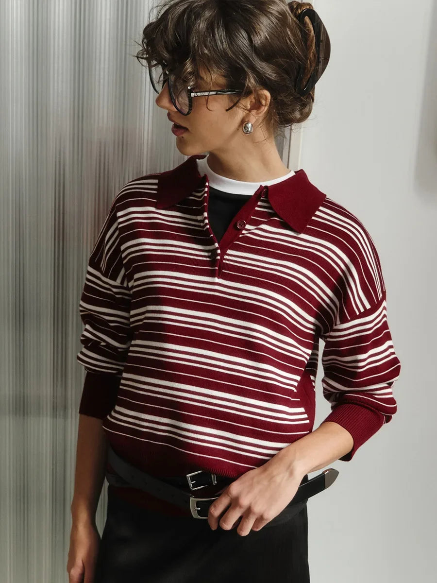 LIZAKOSHT  -  Spring Summer Women's Vintage Contrast Striped Knitted Polo Collar Long Sleeve T-Shirt Fashion Casual Trend Top