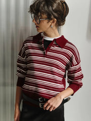 LIZAKOSHT  -  Spring Summer Women's Vintage Contrast Striped Knitted Polo Collar Long Sleeve T-Shirt Fashion Casual Trend Top
