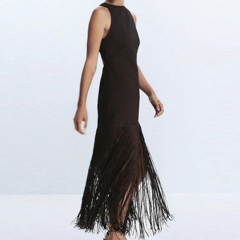 LIZAKOSHT  -  Elegant Sleeveless Hight Waist Slim Party Dress Casual O-neck Solid Wrap Hip Dresses Fringed Splicing Fashion Women's Long Dress