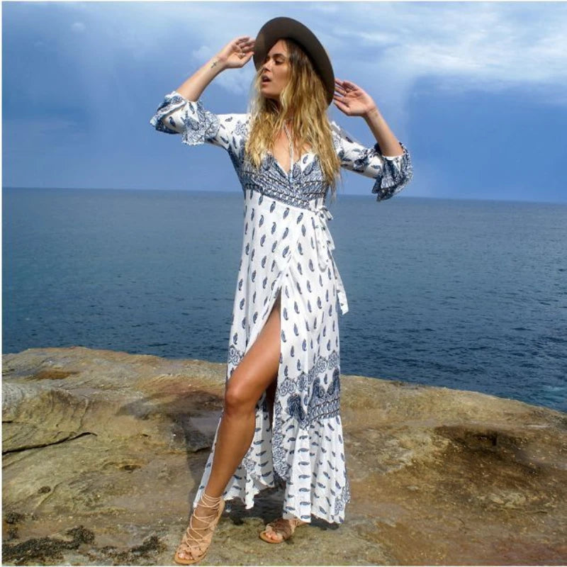 LIZAKOSHT -  Autumn and Winter Long-sleeved New V-neck Bohemian Split Long Skirt Leisure Vacation Beach Cover Style Dress Female Skirt