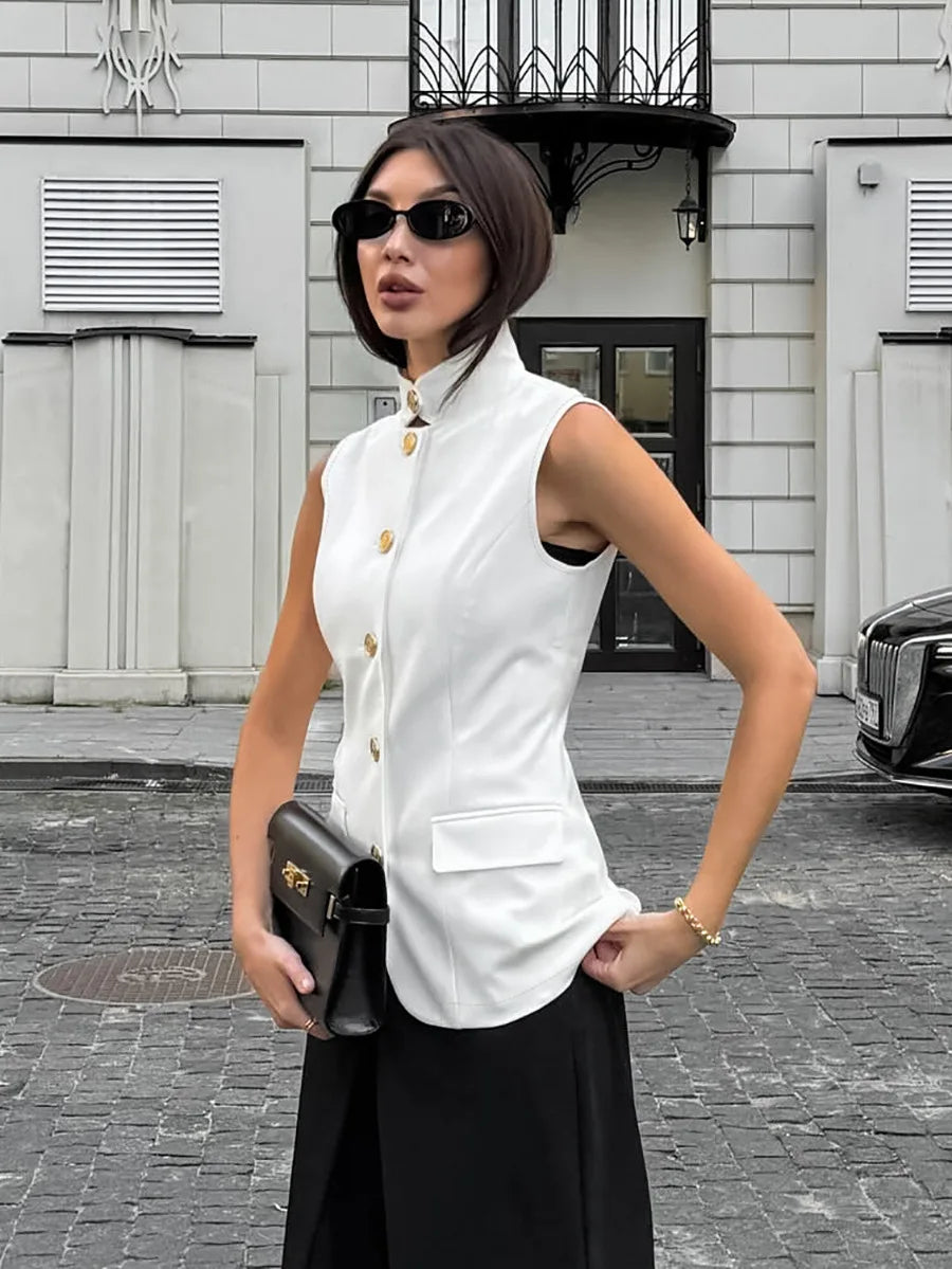 LIZAKOSHT  -  Women Sleeveless Blazer Vest White Office Waistcoat Slim Fit Workwear Summer Business Casual Top Elegant Stand Collar