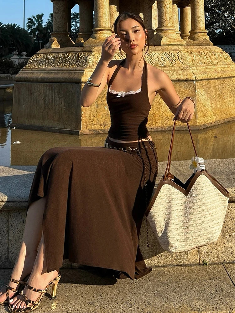 LIZAKOSHT  -  Puss Sexy Summer 2Piece Set Women Y2K Patchwork Lace Halter Backless Sleeveless Tops+Irregular Hem Skirts Matching Suits