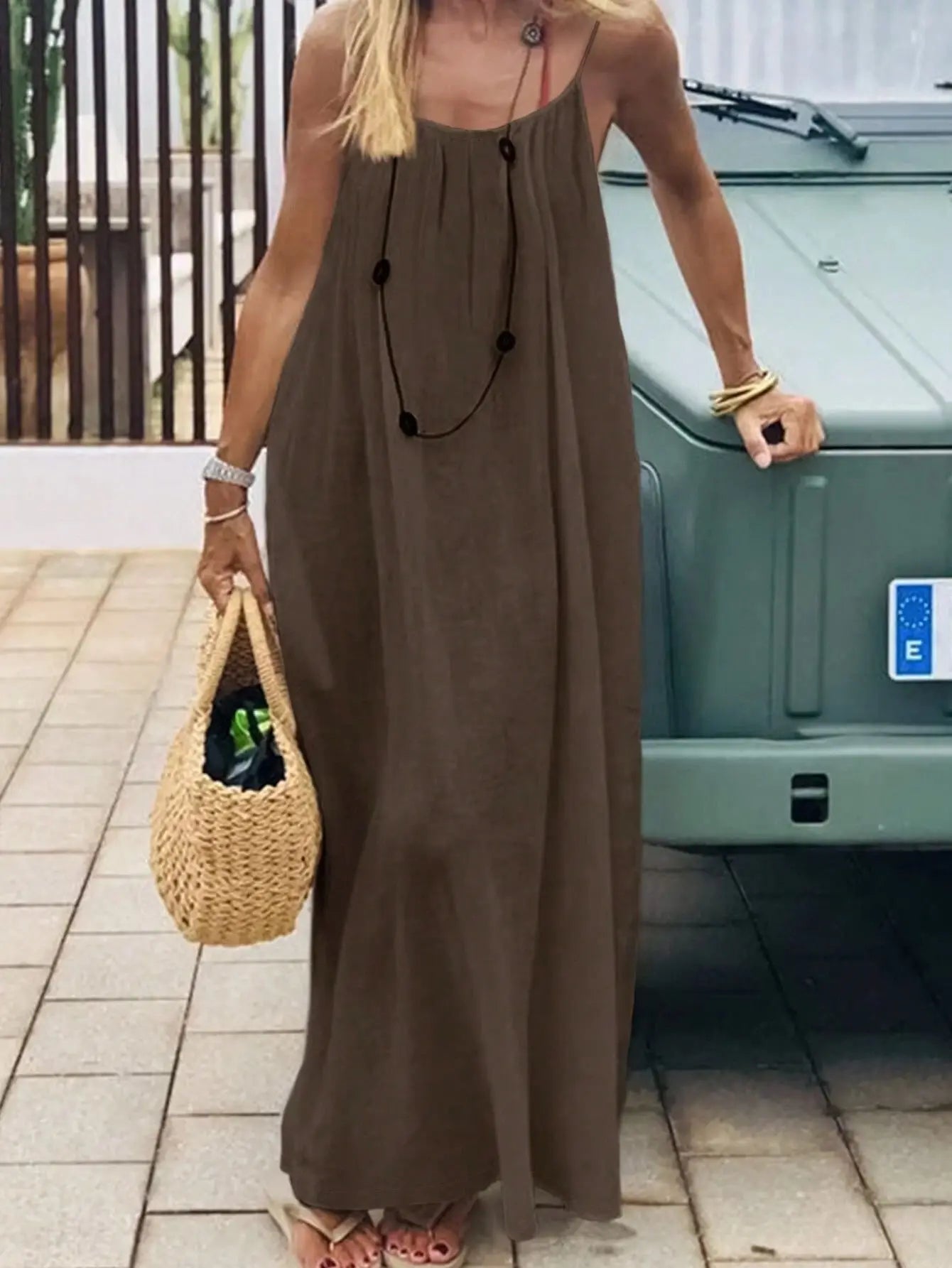 LIZAKOSHT  -  Summer New Fashion Holidays Lady Beach Robe Loose Backless Solid Color Sling Long Dress Women Sexy Sleeveeless Female Dress