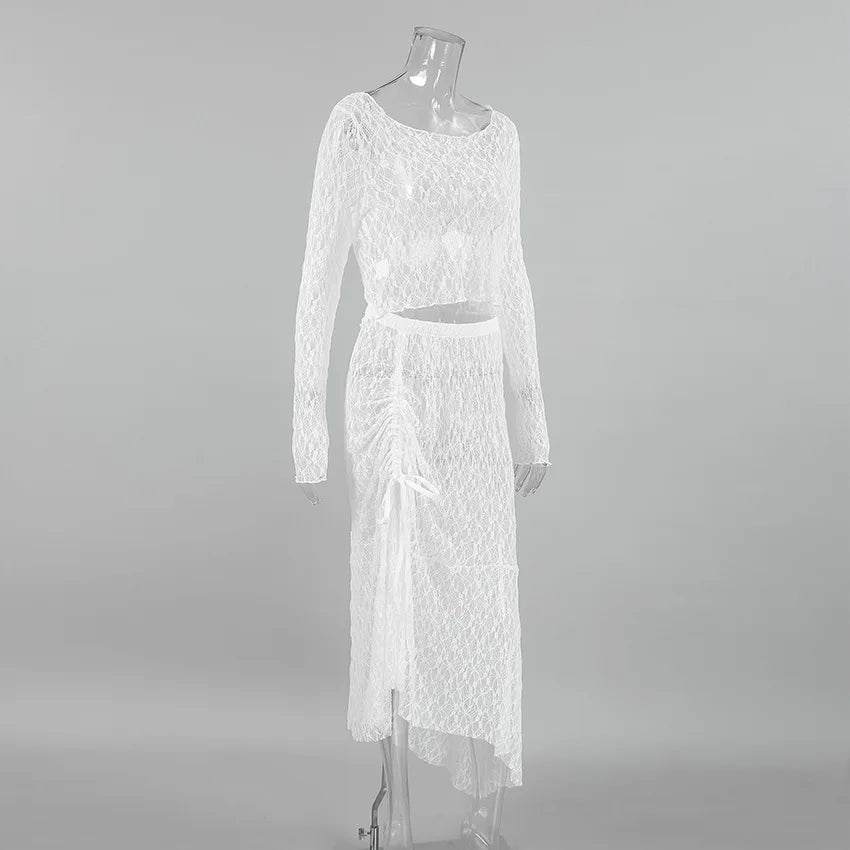 LIZAKOSHT  -  Sexy and Transparent White Lace Set for Women 2025 Summer Niche Long Sleeve Dress Set