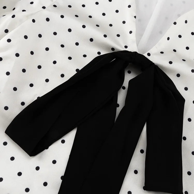 LIZAKOSHT  -  Elegant Bow V-Neck Floral Polka Dot Maxi Dress For Women Long Sleeves Loose Contrast Party Dress Evening Women Maxi Dress