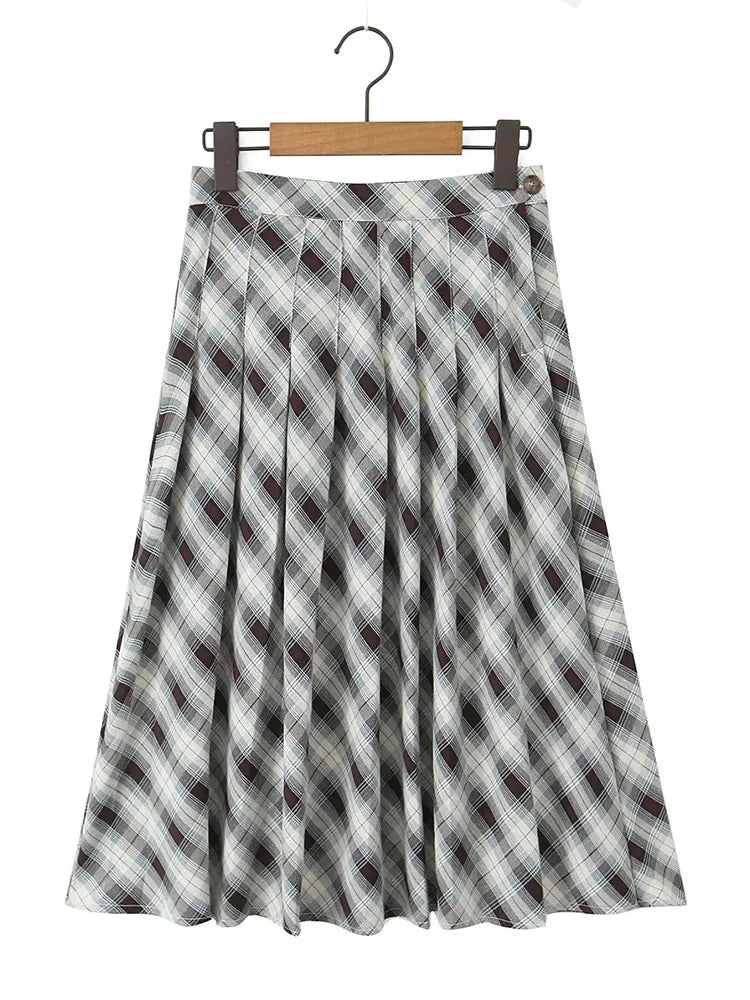 LIZAKOSHT Gingham Printed Vintage Women Skirt Pleated Midi New Autumn Winter Skirt Falda Mujer England Style Plaid Skirt