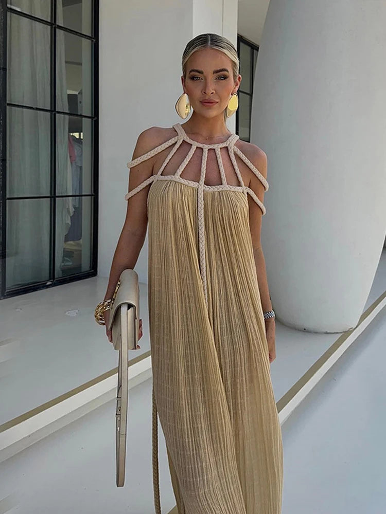 LIZAKOSHT  -  Fashion Halter Long Dress For Women Sleeveless Backless Draped Slip Lace Up Robe 2025 Summer Elegant Female Daily Beach Dresses