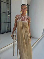 LIZAKOSHT  -  Fashion Halter Long Dress For Women Sleeveless Backless Draped Slip Lace Up Robe 2025 Summer Elegant Female Daily Beach Dresses