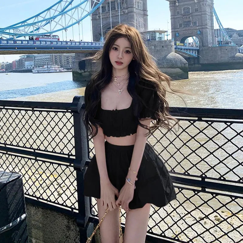 LIZAKOSHT  -  Cute Set Women's Summer Short-sleeved Square Collar Top High Waist A-line Skirt Two-piece Set Fashion Female Clothes