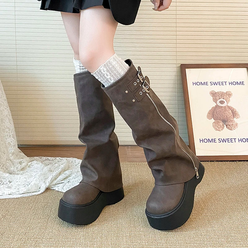 LIZAKOSHT  -  Chunky Style Women Knight High Boots Designer Belt Buckle Platform Heel Shoes Autumn Winter Thick Sole Ladies Long Booties