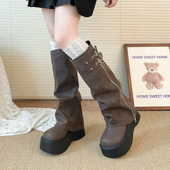 LIZAKOSHT  -  Chunky Style Women Knight High Boots Designer Belt Buckle Platform Heel Shoes Autumn Winter Thick Sole Ladies Long Booties