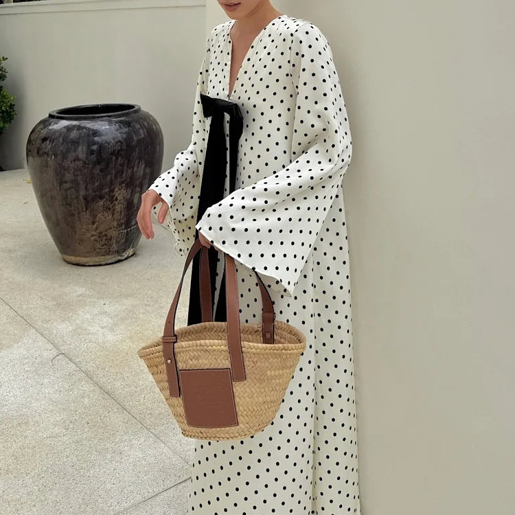 LIZAKOSHT  -  Elegant Bow V-Neck Floral Polka Dot Maxi Dress For Women Long Sleeves Loose Contrast Party Dress Evening Women Maxi Dress