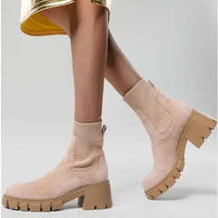 LIZAKOSHT  -  Suede Ankle Boots Women Comfy Casual Chunky Short Boots Ladies Knit Stretch Sock Boots Roundhead Designer Platform Shoes Boots