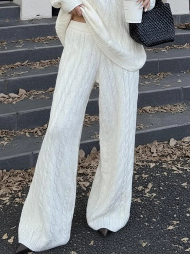 LIZAKOSHT  -  Casual Ribbed 2 Piece-Set Trousers Sets Women Solid Loose V-Neck Top And High Waist Wide-Leg Pants Sets New Female Outfits