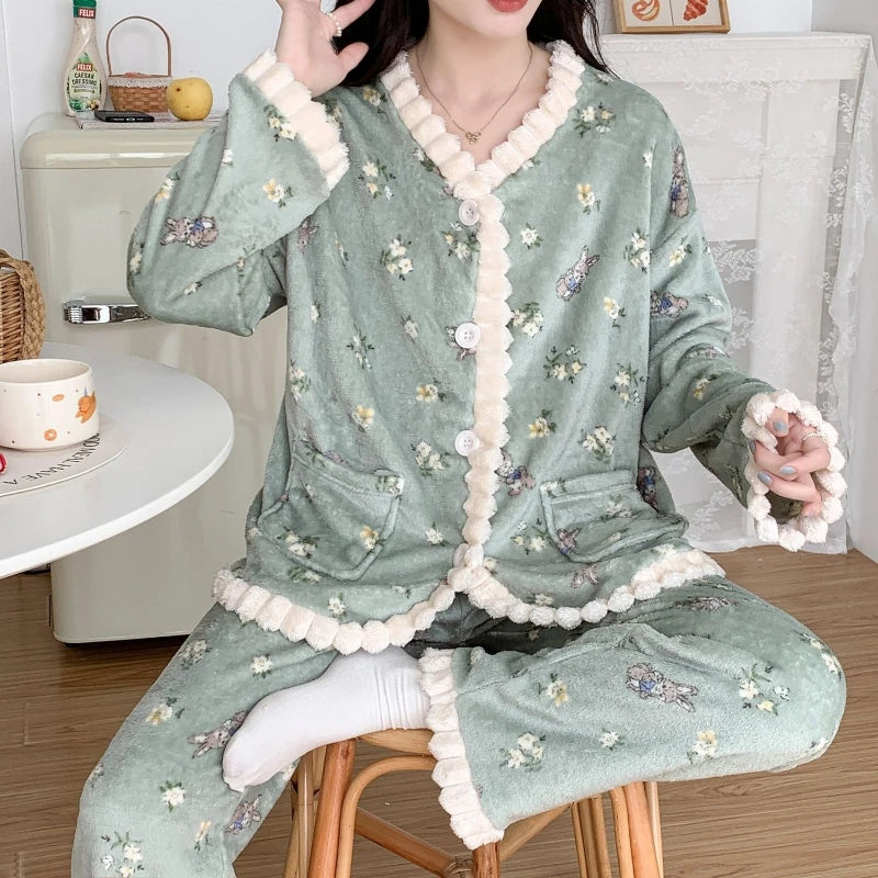 LIZAKOSHT  -  Coral Fleece Pajamas Women Autumn Winter Print Thickened Plush Sleepwear Cardigan Suit Warm Soft Homewear Long Sleeves Pajamas